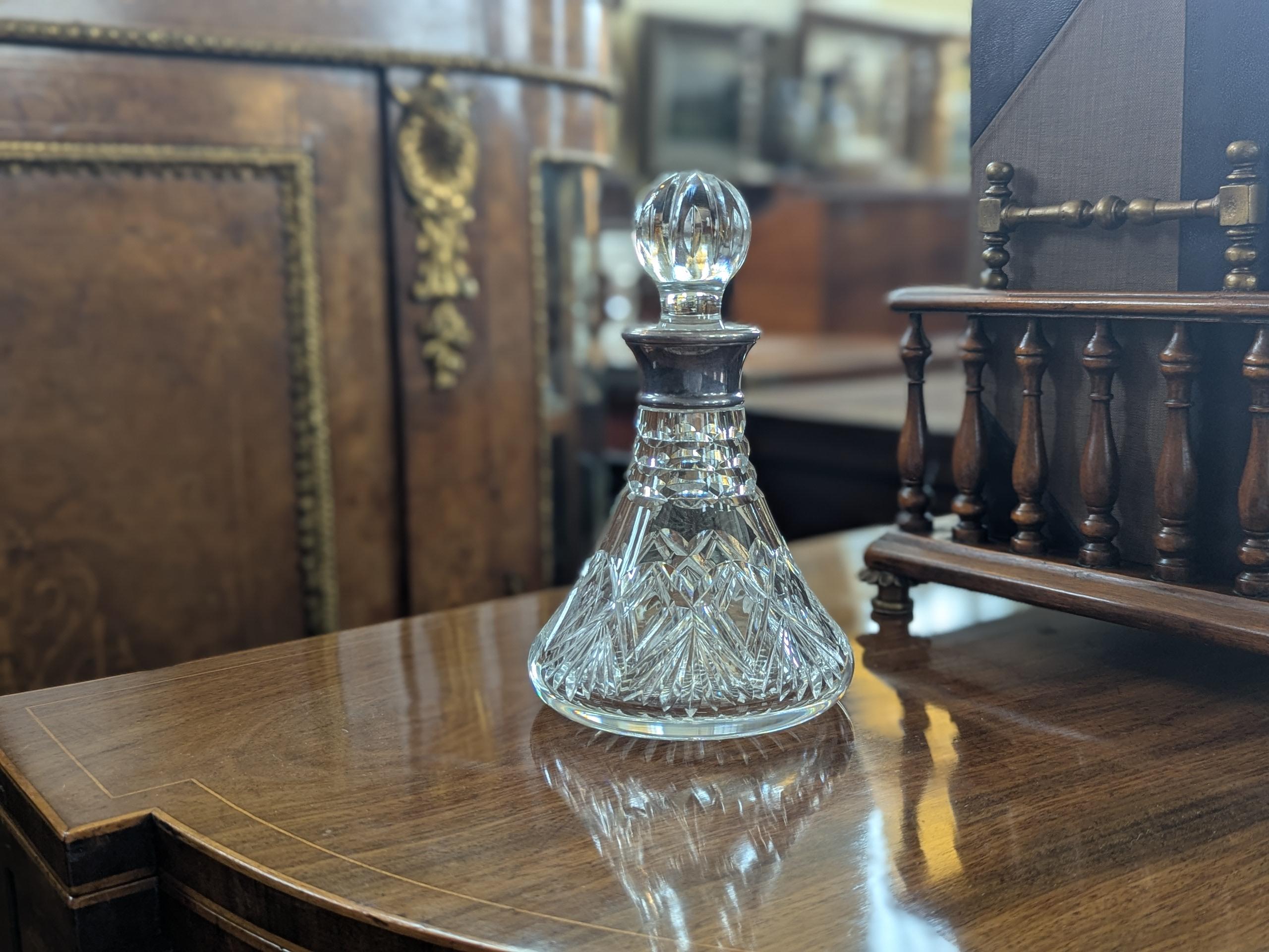 Cut Glass Ships Decanter With Silver Collar