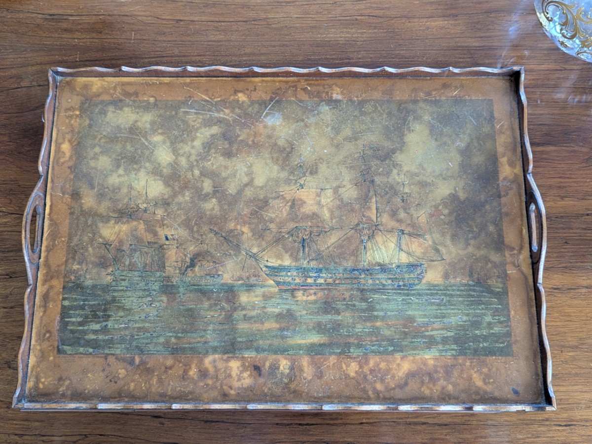 Asprey's Walnut Tea Tray, Inset Marine Picture