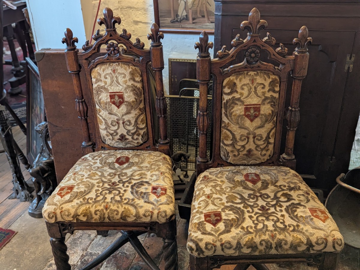 Pair Of Victorian Gothic Revival Carved Oak Side Chairs