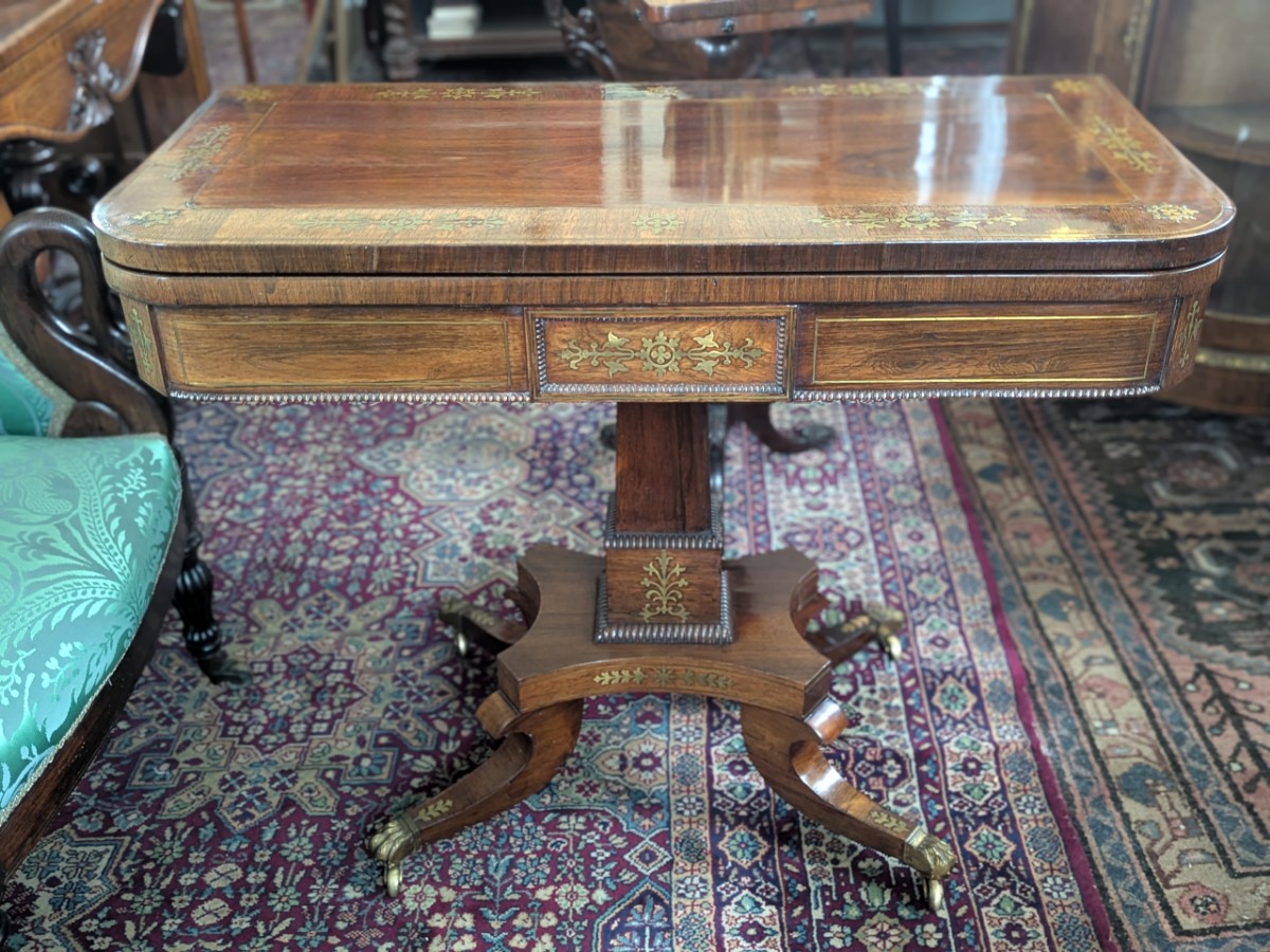 Regency Rosewood Cut-Brass Pedestal Card Table